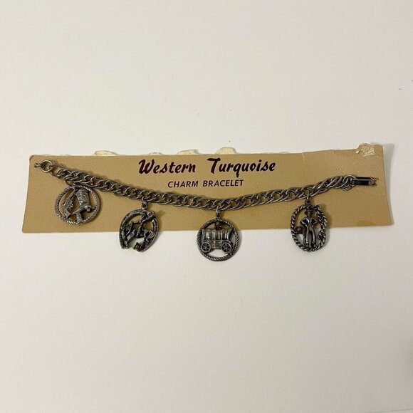 Vintage Western Faux Turquoise Charm Bracelet Cowboy Boots Horse Carriage Flaws - Picture 1 of 16